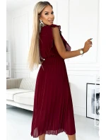 Plisované dámské šaty v vínové barvě s výstřihem a páskem model 21819820 - numoco basic