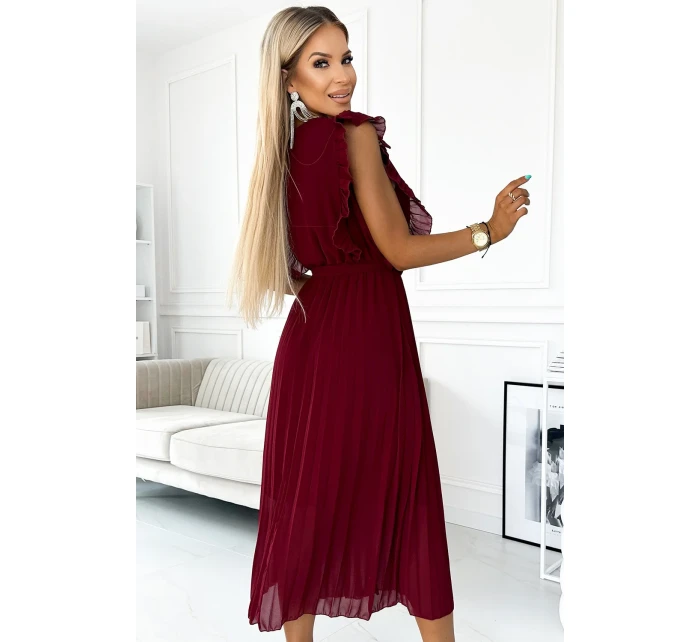 Plisované dámské šaty v vínové barvě s výstřihem a páskem model 21819820 - numoco basic
