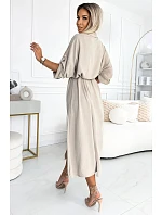 Midi šaty se zlatými knoflíky model 22260589 béžové - numoco