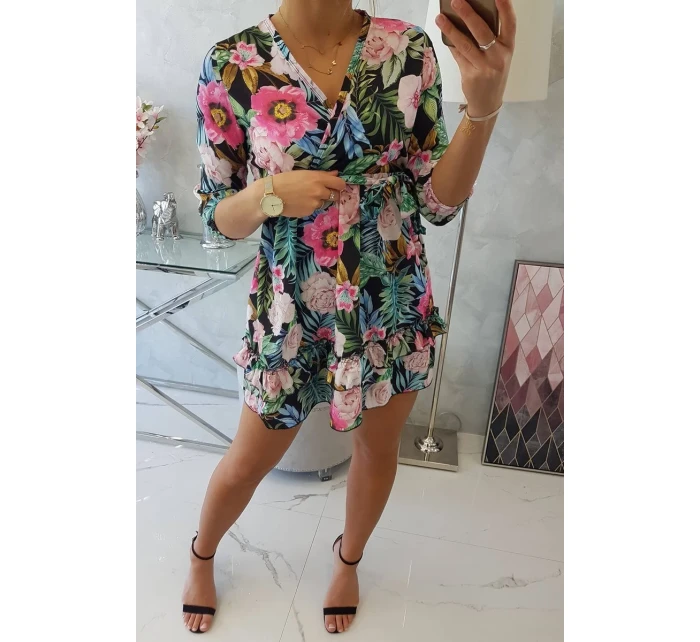 Květinové šaty s vázáním v pase černé Květinové šaty s vázáním v pase černé