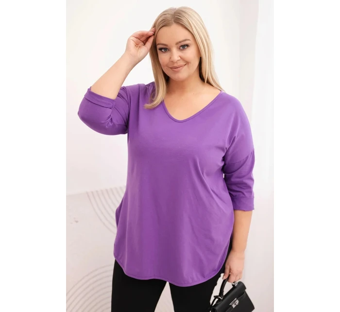 Dámská bavlněná blůza Plus Size s výstřihem do V a ohrnutým rukávem fialová