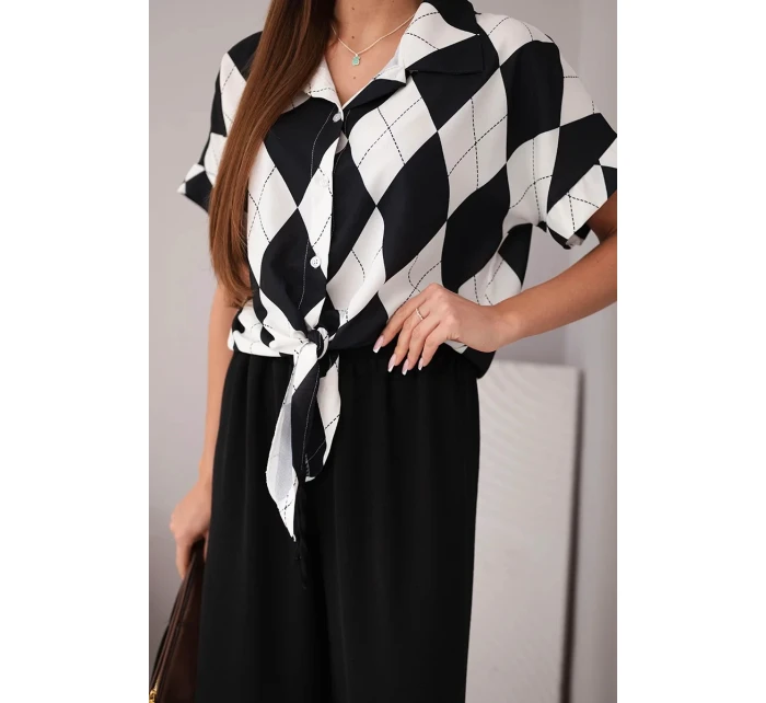 Dámský komplet viskózová košile s vázáním a kalhoty s gumou černý