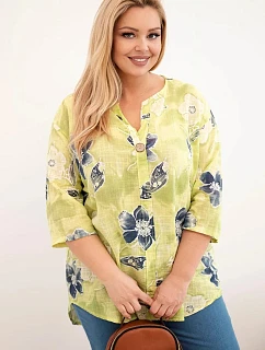 Dámská bavlněná halenka Plus Size s květinovým vzorem světle zelená