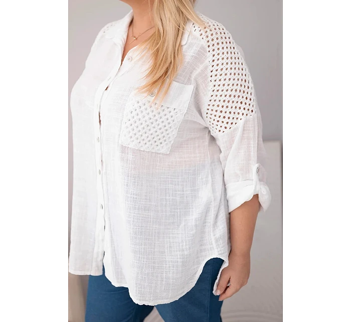 Dámská viskózová košile Plus Size s límečkem a model 22043034 vsadkou bílá - K-Fashion