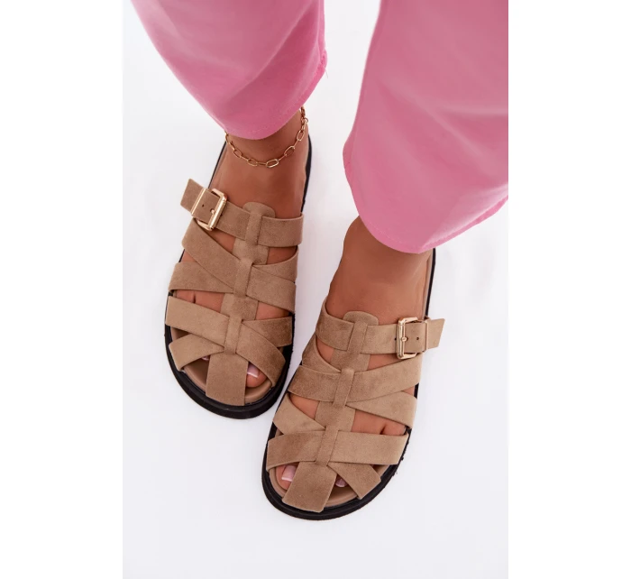 Dámské pantofle s pásky a zlatým sponou Tmavě béžové Roselisse