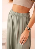 Široké dámské kalhoty s elastickým pasem khaki