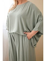 Dámský komplet Plus Size z viskózy se širokými kalhotami a halenkou khaki
