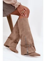 Dámské nazouvací kozačky na podpatku s ozdobným páskem Béžové model 21708858 - Boto