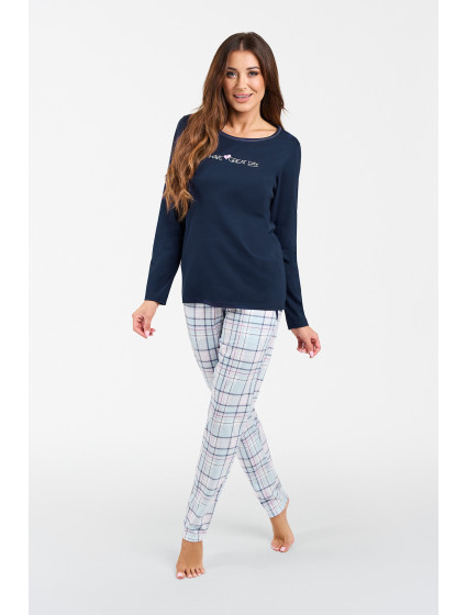 Glamour dámské pyžamo, dlouhý rukáv, dlouhé kalhoty - námořnická modrá/potisk