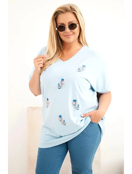 Dámská bavlněná halenka Plus Size s peříčky modrá Dámská bavlněná halenka Plus Size s peříčky modrá
