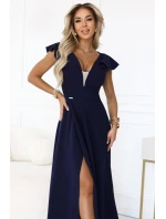 Elegantní maxi šaty s hlubokým výstřihem a rozparkem na nohou tmavě modré model 21861000 - numoco