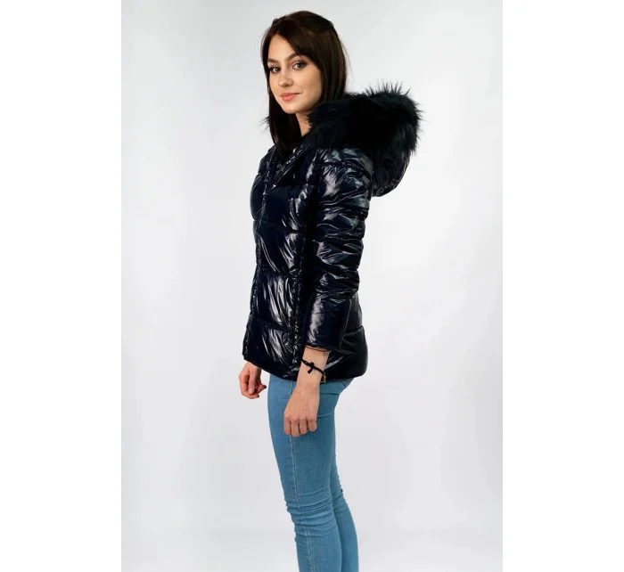 Tmavě modrá lakovaná dámská prošívaná bunda (7693)