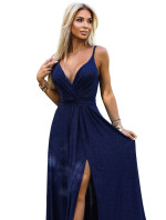 JULIET - Tmavě modré elegantní dlouhé lesklé dámské šaty s brokátem, výstřihem a s rozparkem na noze 512-7