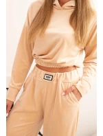 Dámská souprava z veluru se širokými nohavicemi a mikinou s kapucí béžová Dámská souprava z veluru se širokými nohavicemi a mikinou s kapucí béžová