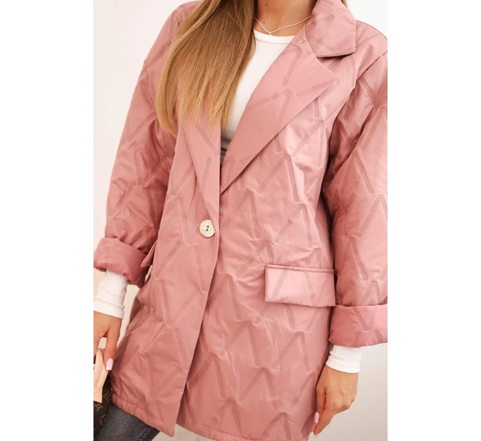 Dámská bunda Plus Size prošívaná s límcem a knoflíkem tmavě růžová