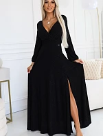 572-2 NELA lesklé dlouhé šaty s výstřihem a dlouhými rukávy - ČERNÉ