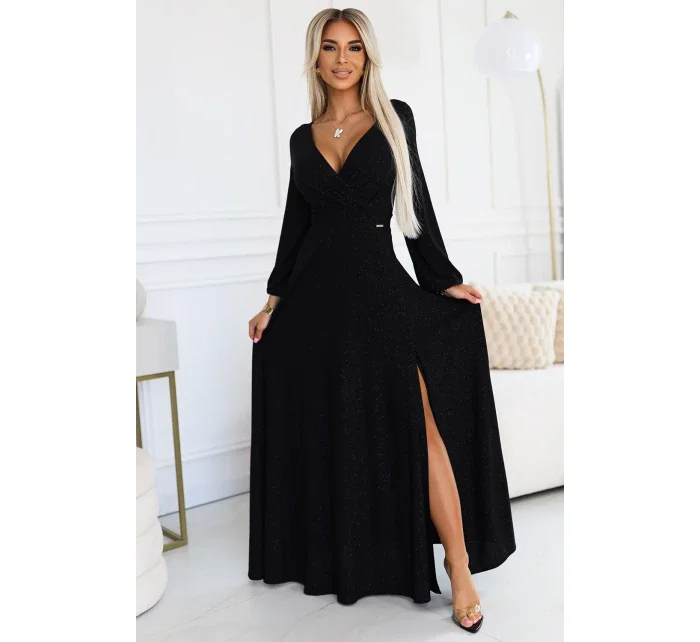 Černé dlouhé lesklé dámské šaty s výstřihem a dlouhými rukávy model 20620011 - numoco