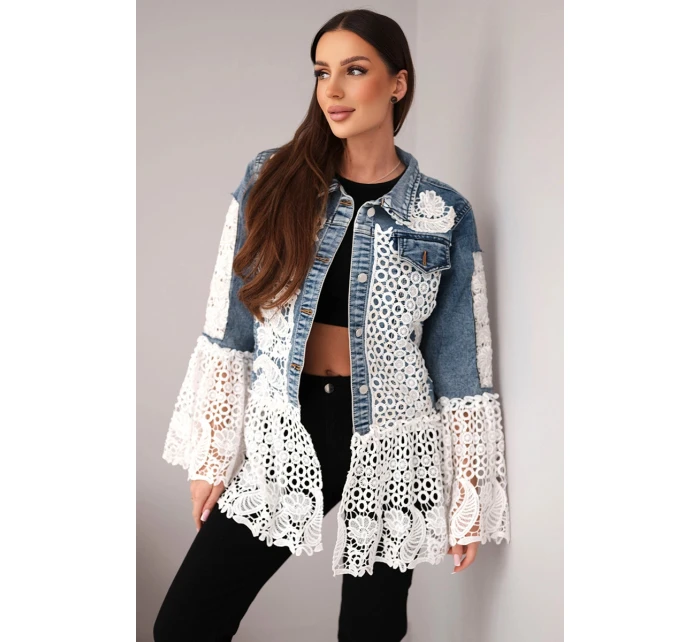 Dámská džínová bunda z bavlny a krajkovým vzorem tmavě džínová