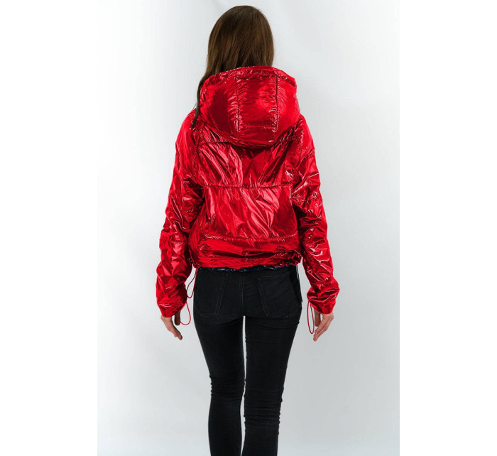 Lesklá červená prošívaná dámská bunda s kapucí (B9560)
