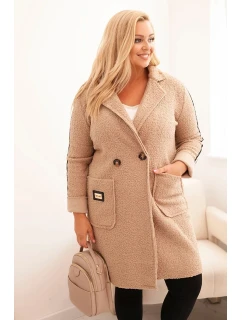 Dámský kabát Plus Size z umělé ovčí vlny s kapsami tmavě béžový