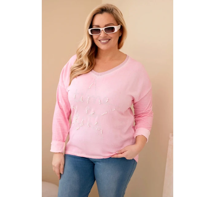 Dámská blůza Plus Size s potiskem a perlami světle růžová