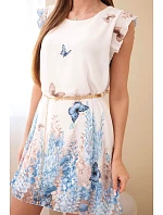 Dámské šaty s plisovaným rukávem a ozdobným páskem modrá