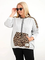 Dámská mikina Plus Size z viskózy s kapucí a leopardími detaily šedá