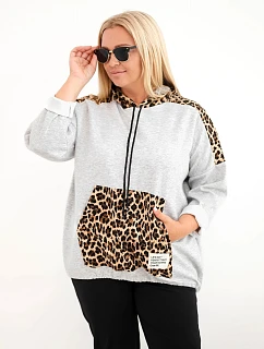 Dámská mikina Plus Size z viskózy s kapucí a leopardími detaily šedá