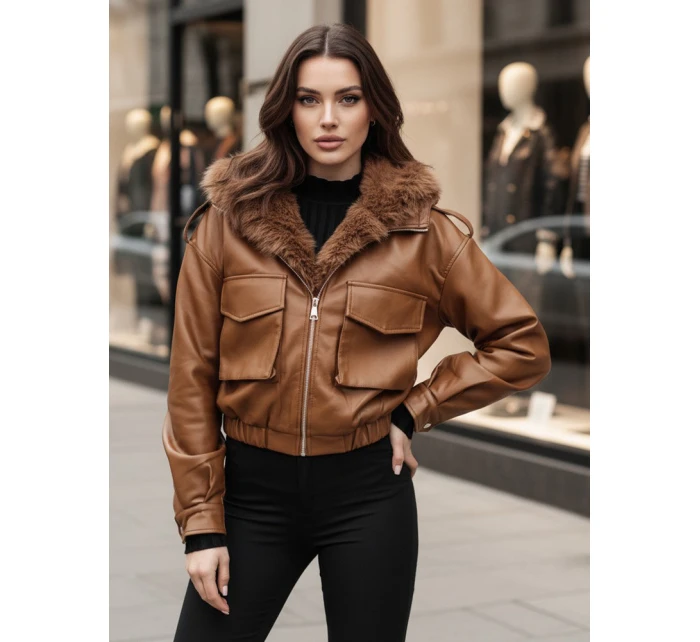 Dámská kožená bunda s kožešinou hnědá model 21995411 - Dstreet