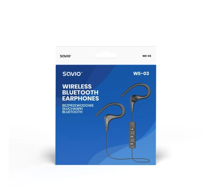 Bezdrátová sluchátka, s mikrofonem, se sluchátky SAVIO WE-03 (dokovací stanice, sportovní; bezdrátová, Bluetooth; se zabudovaným mikrofonem; černá barva)