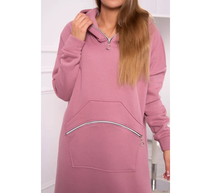 Zateplené šaty s kapucí tmavě růžové