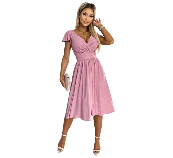 Dámské šaty MATILDE 425-2 - pudrově růžové s brokátem -  Numoco