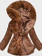 Hnědá dámská bunda - kožíšek s kapucí (BR9743-22)