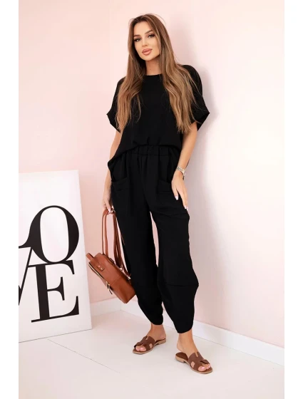 Komplet z viskózy halenka + kalhoty černý Komplet z viskózy halenka + kalhoty černý
