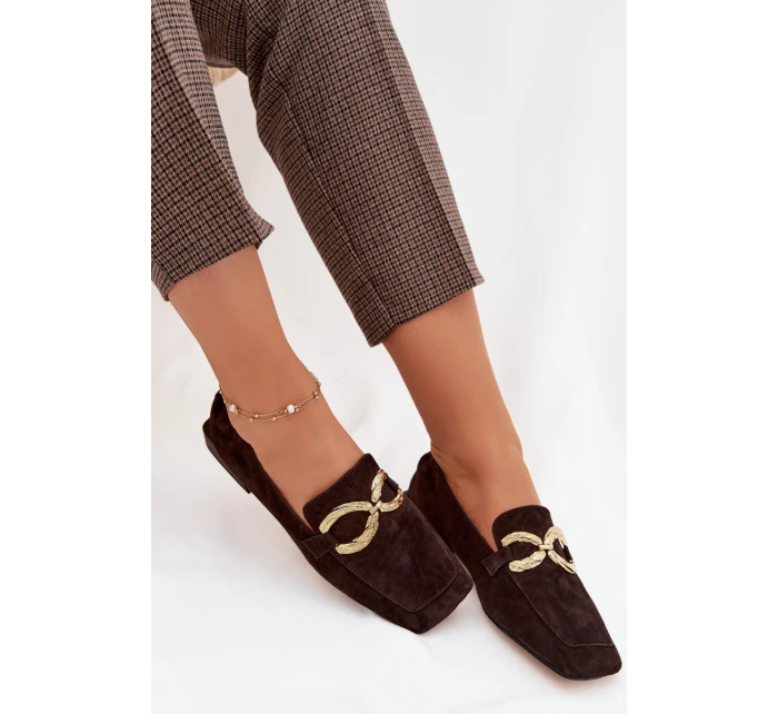 Dámské mokasíny z pravé semišové kůže se zlatým detailem D&A model 22031897 čokoládové - S.Barski