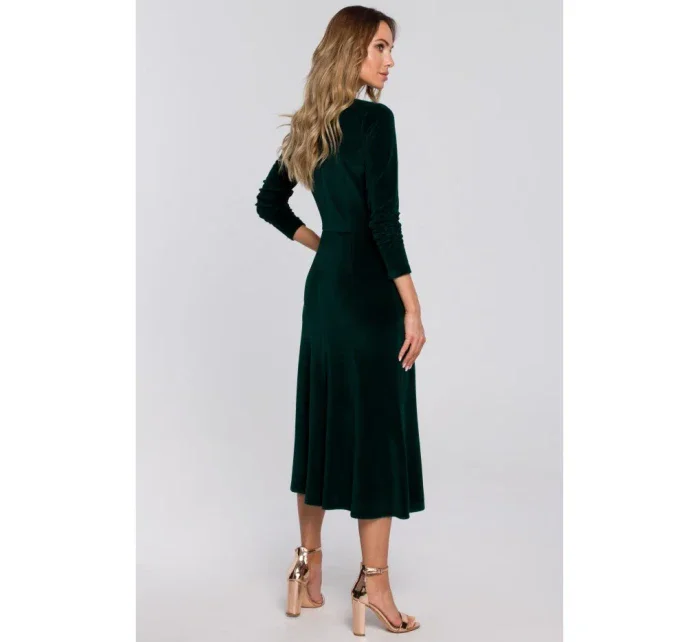 M557 Sametové midi šaty s nabíranými rukávy - zelené