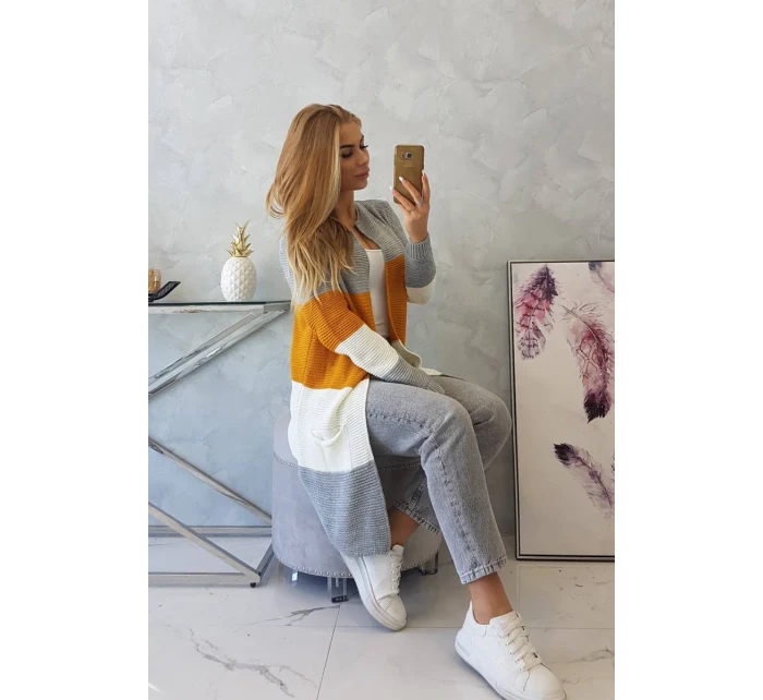 Šedý+hořčičný pruhovaný svetr