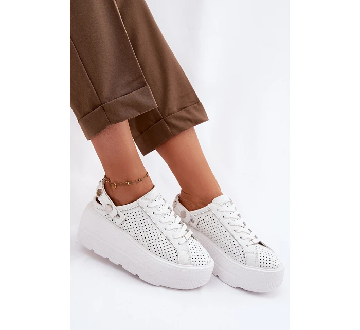 Kožené Ažurové Dámské Tenisky Na Platformě S Páskem Na Patě D&A LR61-7088 Bílé