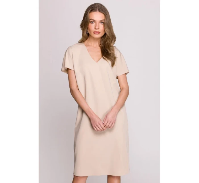 model 20966008 Šaty uvolněného střihu s výstřihem do V béžové - STYLOVE