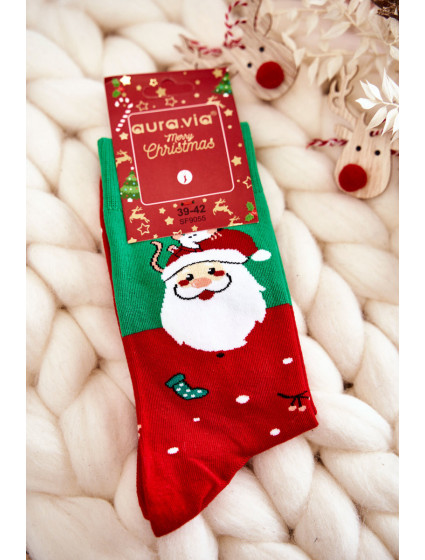 Pánské vánoční bavlněné ponožky se Santa Clauses  zelenými a červenými