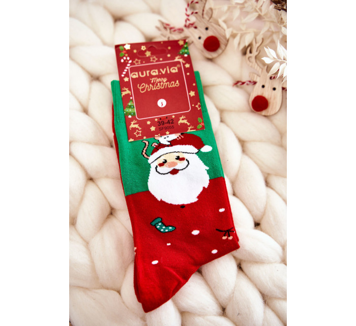 Pánské vánoční bavlněné ponožky se Santa Clauses  zelenými a červenými