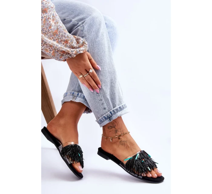 Dámské pantofle s módními ozdobami S.Barski Černá Dámské pantofle s módními ozdobami S.Barski Černá