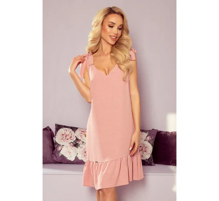 Dámské šaty v pudrově růžové barvě s mašličkami na ramenou a s volánkem model 21371180 - numoco