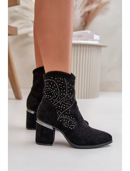 Zdobené Perforované Botky Dámské Na Podpatku Z Eko Semiše Černé S.Barski HY42-029