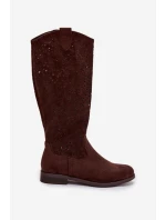 Dámské síťované kozačky na nízkém podpatku model 21998041 Čokoládové - S.Barski