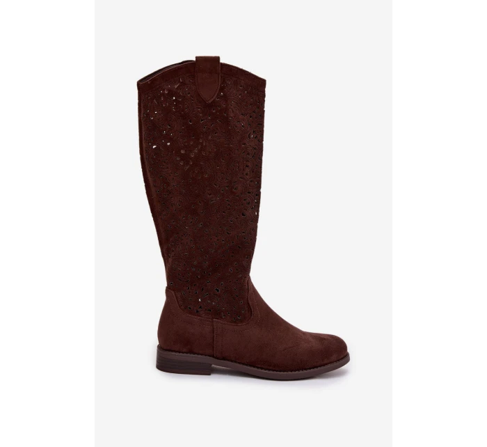 Dámské síťované kozačky na nízkém podpatku model 21998041 Čokoládové - S.Barski