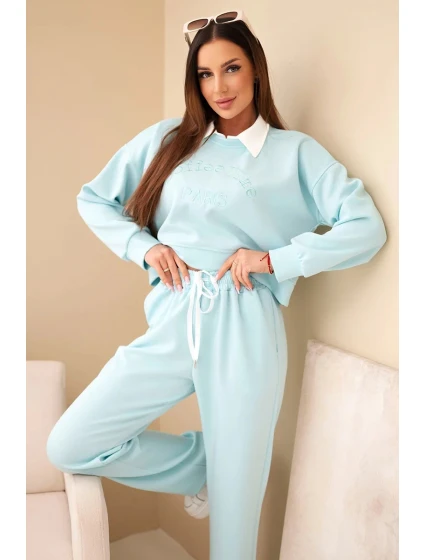 Dámská souprava máslová mikina s límečkem a rovné kalhoty mátová