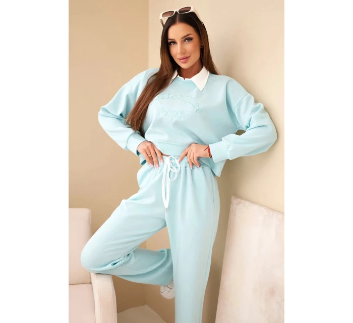 Dámská souprava máslová mikina s límečkem a rovné kalhoty mátová