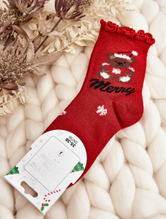 Dámské lesklé vánoční ponožky s červeným medvídkem