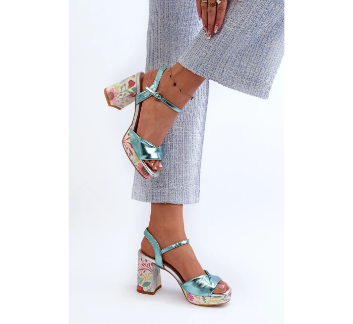 Dámské sandály na podpatku s květinami D&A CR980 modré